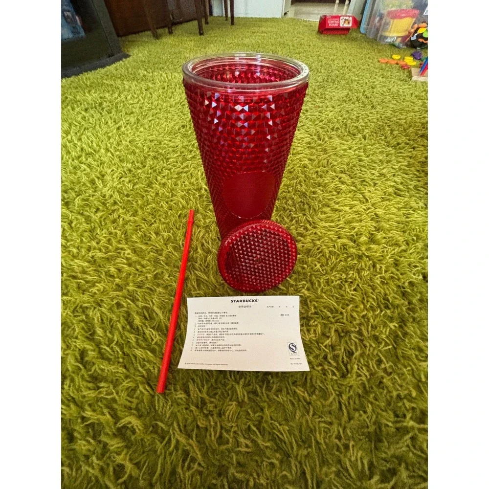 NIB Starbucks Ruby Red Studded Venti Cold Cup 24oz Tumbler with Lid and Straw